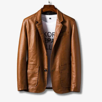 Men's Leather Jacket Stand Collar Button Closure