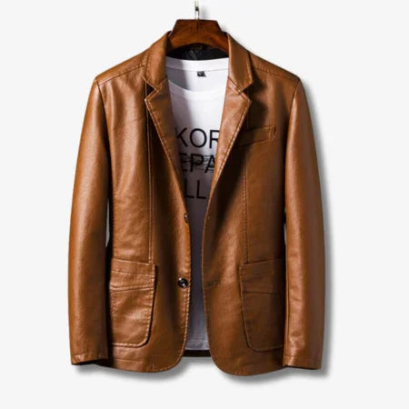 Men's Leather Jacket Stand Collar Button Closure