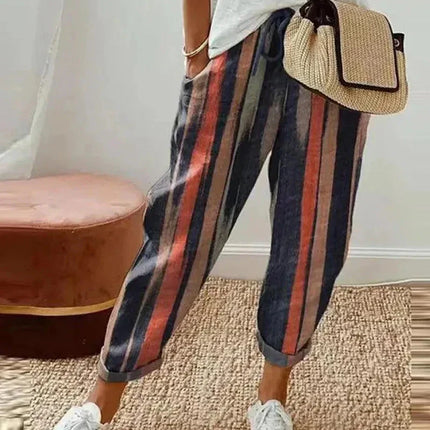 Women's Loose Fit Striped Trousers - Breathable Drawstring Waist Casual Wear