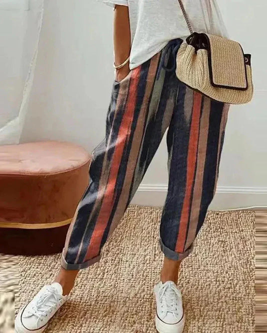 Women's Loose Fit Striped Trousers - Breathable Drawstring Waist Casual Wear