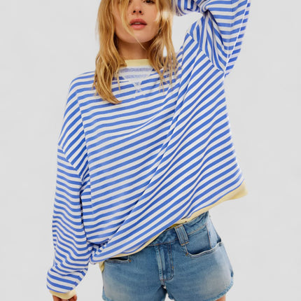 Women's Oversized Striped Cotton Blend Sweatshirt