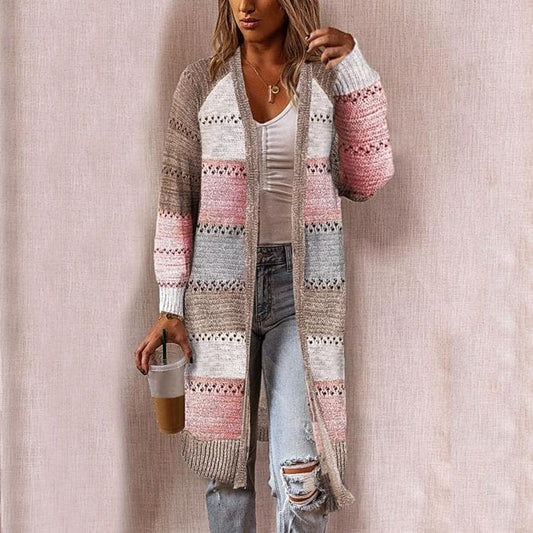 Women's Knitted Cardigan Long Open Front Textured Stripe Detail