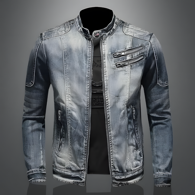 Men's Slim Fit Denim Jacket with Mandarin Collar and Zipper Accents