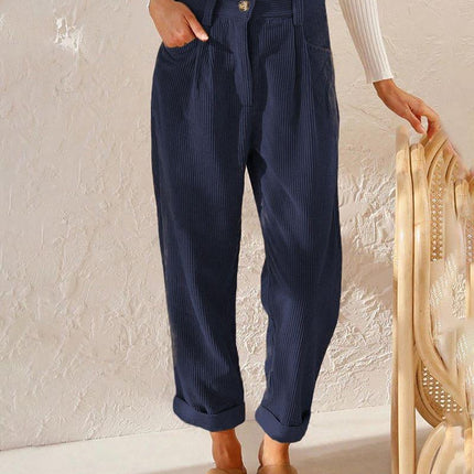 Women's High-Waisted Trousers Pleated Front Cuffed Hem Ribbed Fabric