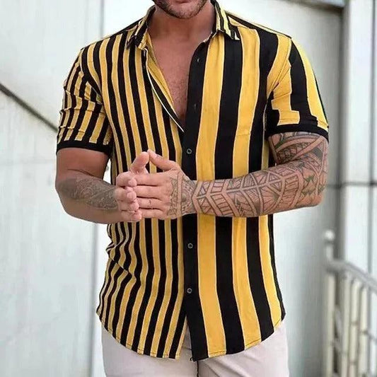 Men's Striped Short-Sleeve Button-Up Shirt Lightweight Breathable Fabric