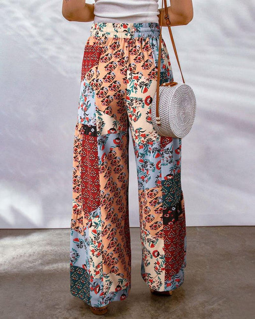 Women's High Waist Palazzo Trousers with Adjustable Drawstring and Boho Print