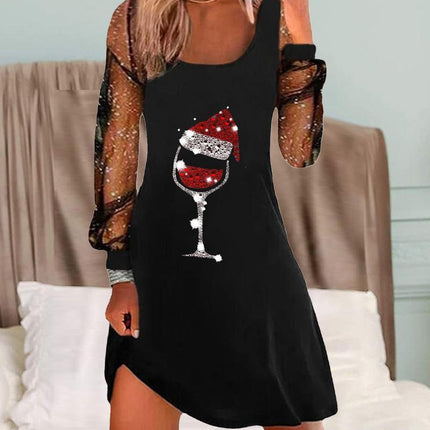 Women's Elegant Dress with Wine Glass Print