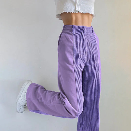 Women's Flared Wide Leg Trousers with Ribbed Side Detailing