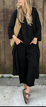 Women's V-Neck Long Sleeve Top & High-Waist Wide-Leg Pants Set with Pockets