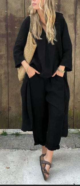 Women's V-Neck Long Sleeve Top & High-Waist Wide-Leg Pants Set with Pockets