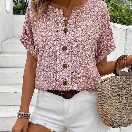 Women's Button-Up Floral Top with Short Sleeves and Loose Fit