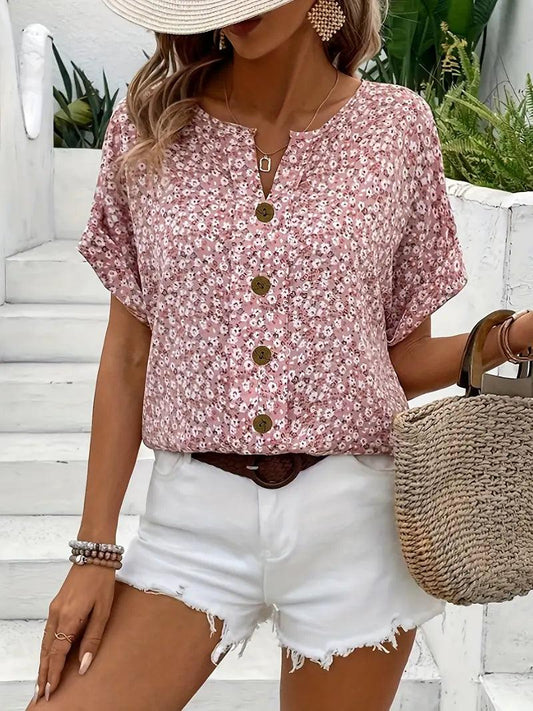 Women's Button-Up Floral Top with Short Sleeves and Loose Fit