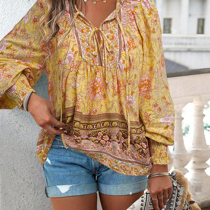 Women's Floral Tunic Top V-Neck Tie Long Sleeve