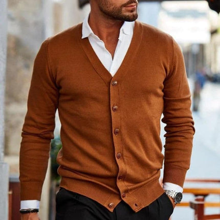 Men’s Soft Knit V-Neck Cardigan with Button Front and Ribbed Trim