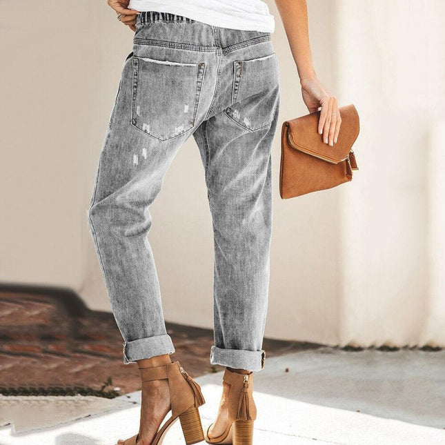 Women's Distressed Denim Jogger Trousers with Elastic Waist
