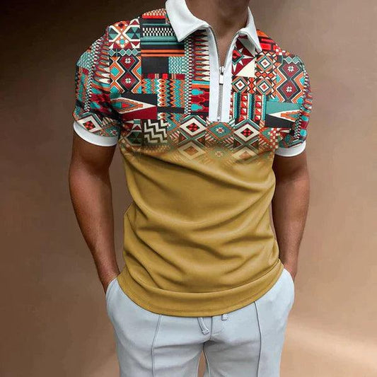 Men's Muscle Fit Knit Polo Shirt with Zipper Collar and Houndstooth Panel