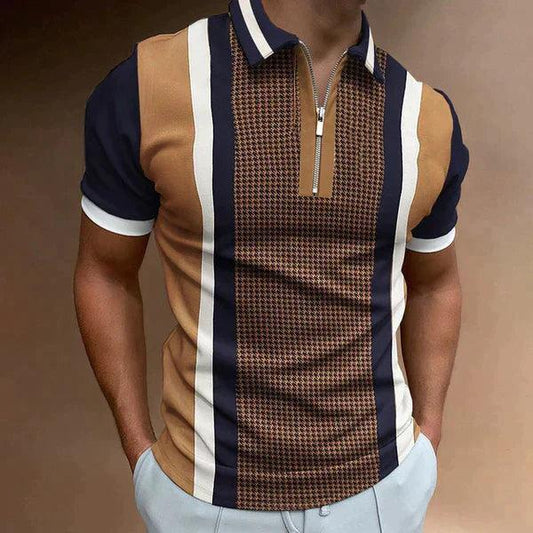 Men's Muscle Fit Knit Polo Shirt with Zipper Collar and Houndstooth Panel