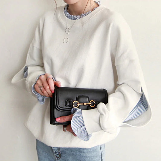 Women's Lightweight Cotton Oversized Sweatshirt with Ruffle Trim and Layered Cuffs