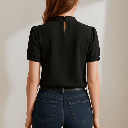 Women's High-Neck Pleated Blouse with Cut-Out Sleeves