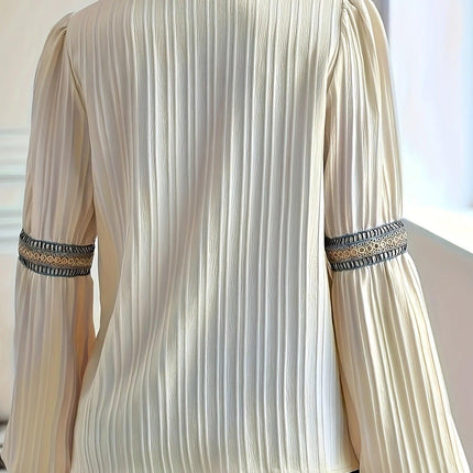 Women's Long-Sleeve Blouse with Pleats and Embroidered Trim