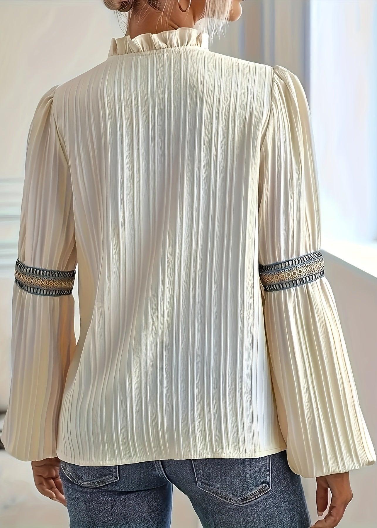 Women's Long-Sleeve Blouse with Pleats and Embroidered Trim