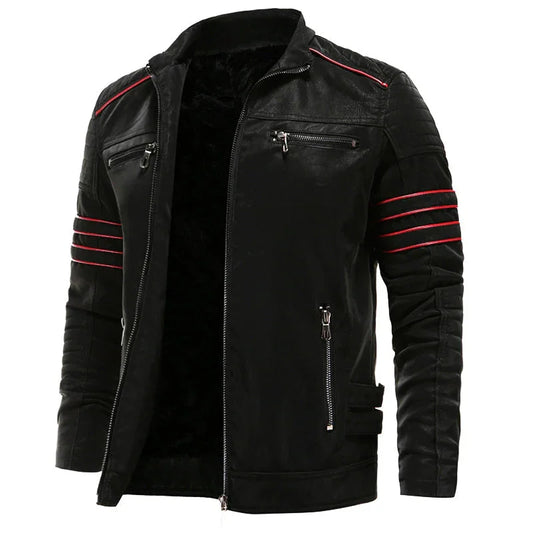 Men's PU Leather Jacket with Red Trim