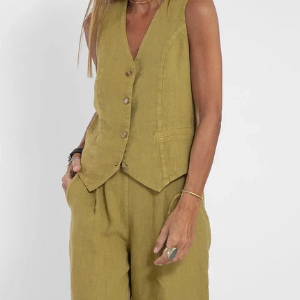 Women's Fitted Linen Vest - Lightweight Buttoned Front for Formal & Casual Wear