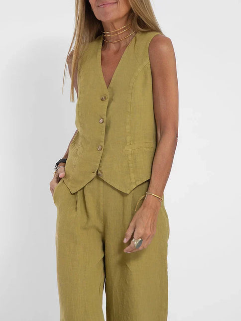 Women's Fitted Linen Vest - Lightweight Buttoned Front for Formal & Casual Wear