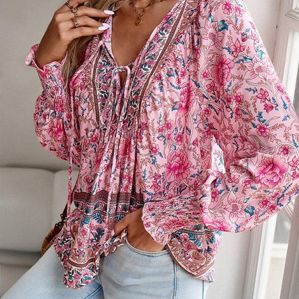 Women's Floral Tunic Top V-Neck Tie Long Sleeve