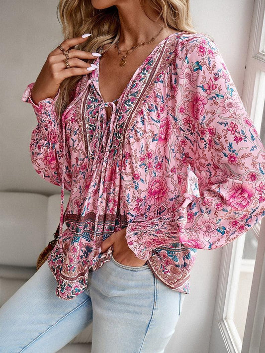 Women's Floral Tunic Top V-Neck Tie Long Sleeve