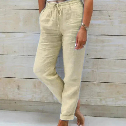 Women's Relaxed Fit Cotton Trousers with Elastic Waist and Drawstring