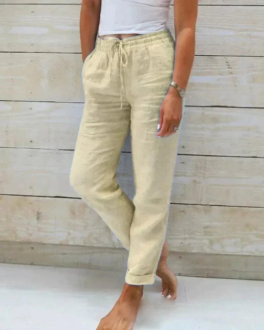 Women's Relaxed Fit Cotton Trousers with Elastic Waist and Drawstring