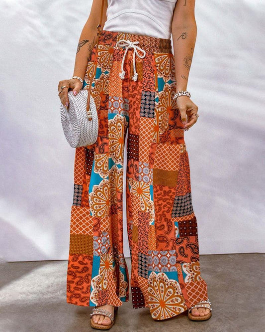 Women's High Waist Palazzo Trousers with Adjustable Drawstring and Boho Print