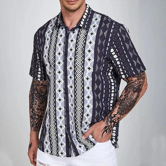 Men's Striped Short-Sleeve Button-Up Shirt Lightweight Breathable Fabric