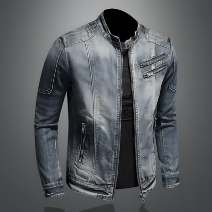 Men's Slim Fit Denim Jacket with Mandarin Collar and Zipper Accents