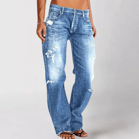 Women's Distressed Bootcut Jeans - Mid-Rise Stretch Denim - Casual Five-Pocket Style