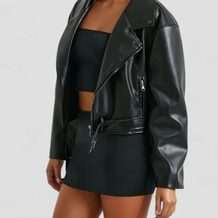 Women's Cropped Biker Jacket Faux Leather