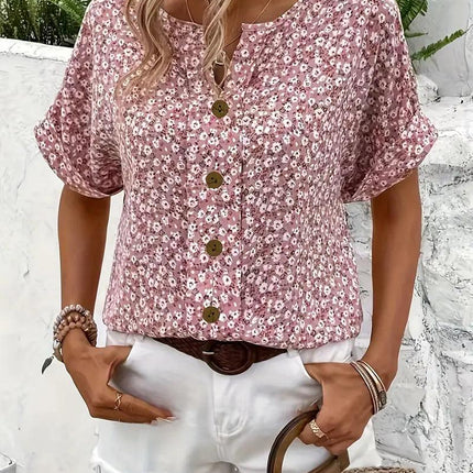 Women's Button-Up Floral Top with Short Sleeves and Loose Fit