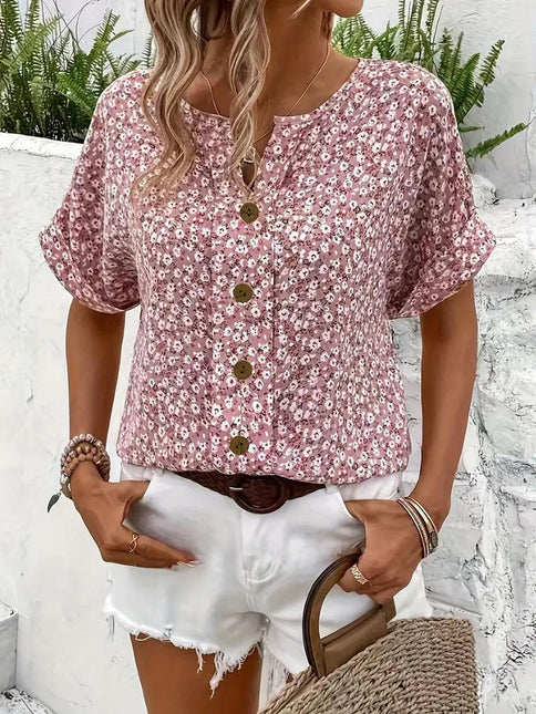 Women's Button-Up Floral Top with Short Sleeves and Loose Fit