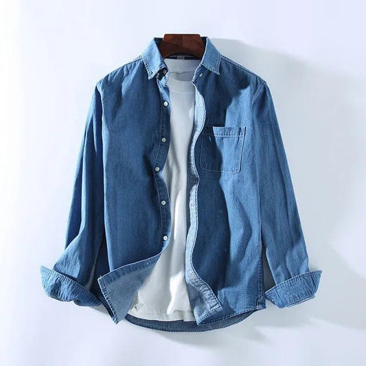 Men’s Button-Up Denim Shirt Long Sleeve Classic Collar