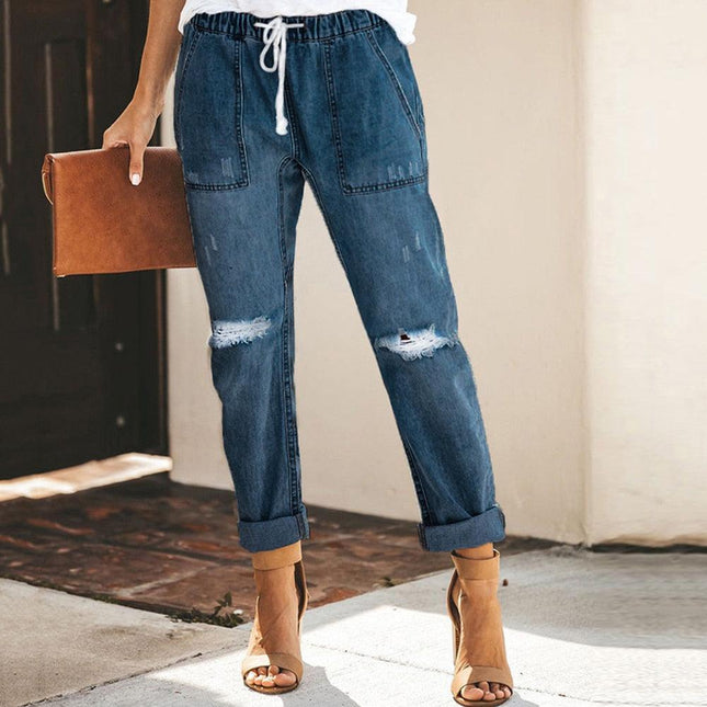 Women's Denim Jogger Trousers Distressed Casual Style