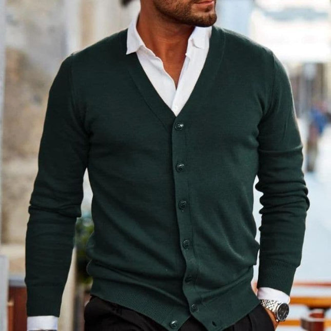 Men’s Soft Knit V-Neck Cardigan with Button Front and Ribbed Trim
