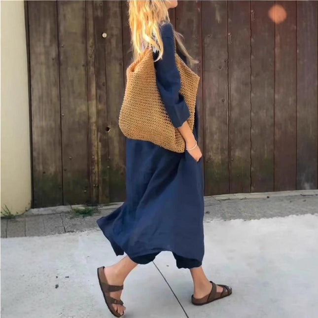 Women's V-Neck Long Sleeve Top & High-Waist Wide-Leg Pants Set with Pockets
