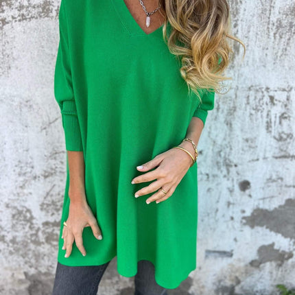 Women's V-Neck Oversized Shirt with Drop Shoulders and Long Sleeves