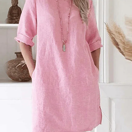 Women's Linen Tunic Dress with Pockets - Relaxed Fit, 3/4 Sleeve