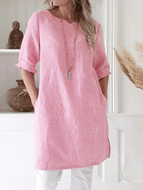 Women's Linen Tunic Dress with Pockets - Relaxed Fit, 3/4 Sleeve