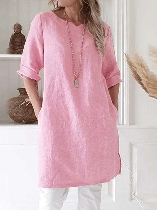 Women's Linen Tunic Dress with Pockets - Relaxed Fit, 3/4 Sleeve