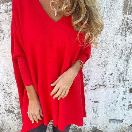 Women's V-Neck Oversized Shirt with Drop Shoulders and Long Sleeves