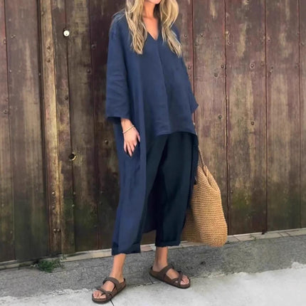 Women's V-Neck Long Sleeve Top & High-Waist Wide-Leg Pants Set with Pockets