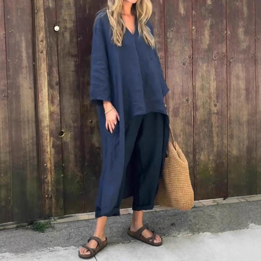 Women's V-Neck Long Sleeve Top & High-Waist Wide-Leg Pants Set with Pockets